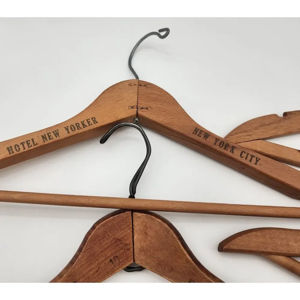 Vtg Lot of 5 Wood Coat Hangers Hotel Dept Store Advertising Syracuse New Yorker